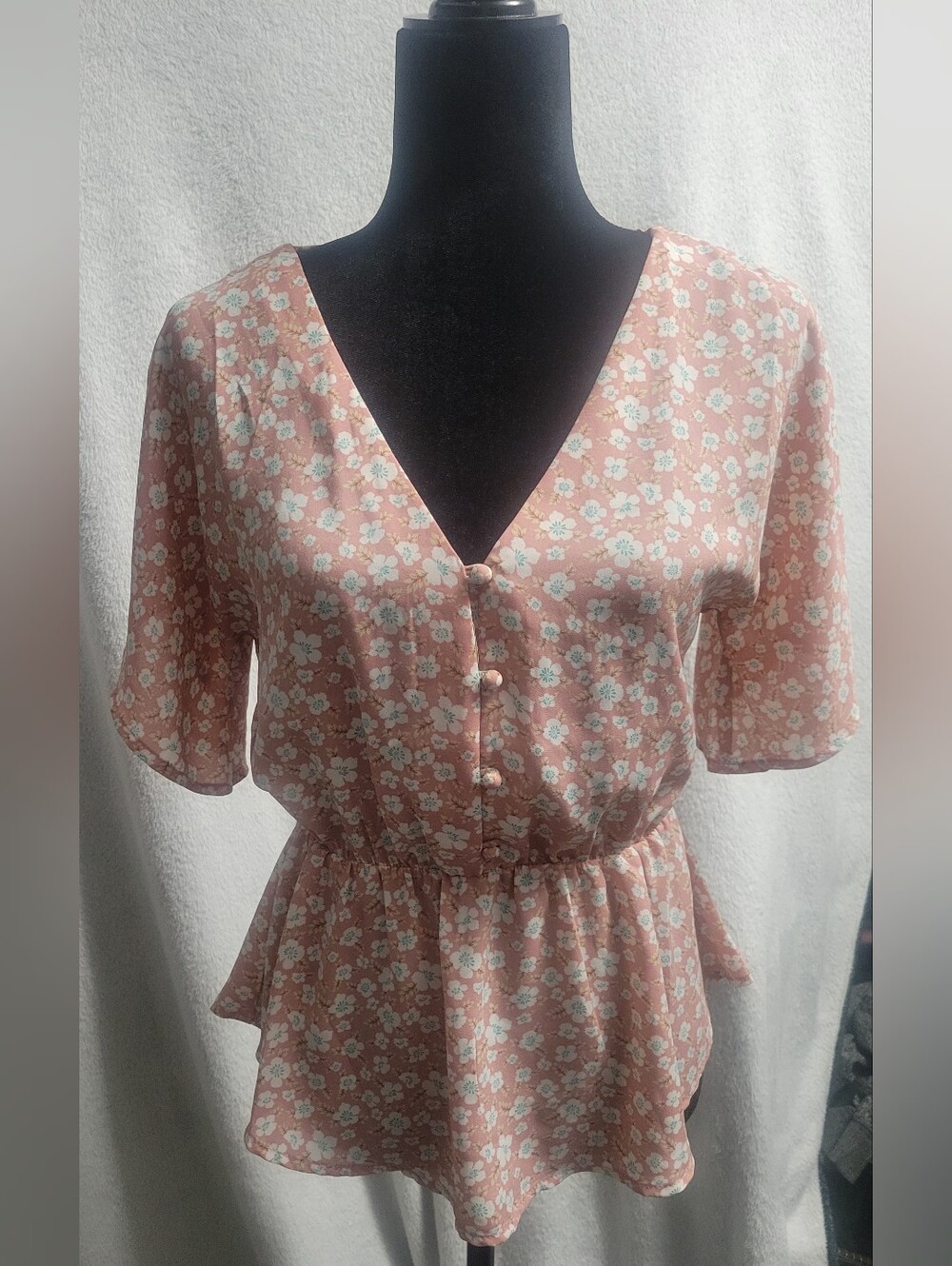 Sienna Sky Small Pink Ditsy Floral Button-Front Peplum Blouse Top